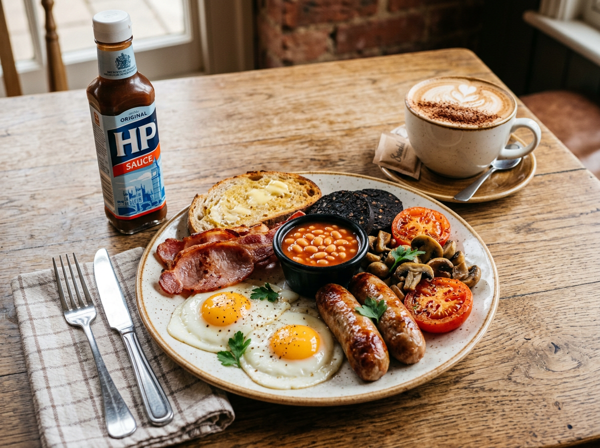 Full English breakfast with fried eggs, bacon, sausages, black pudding, beans, mushrooms, tomato and toast, with a cappuccino, at Roasted cafe in Canggu, Bali