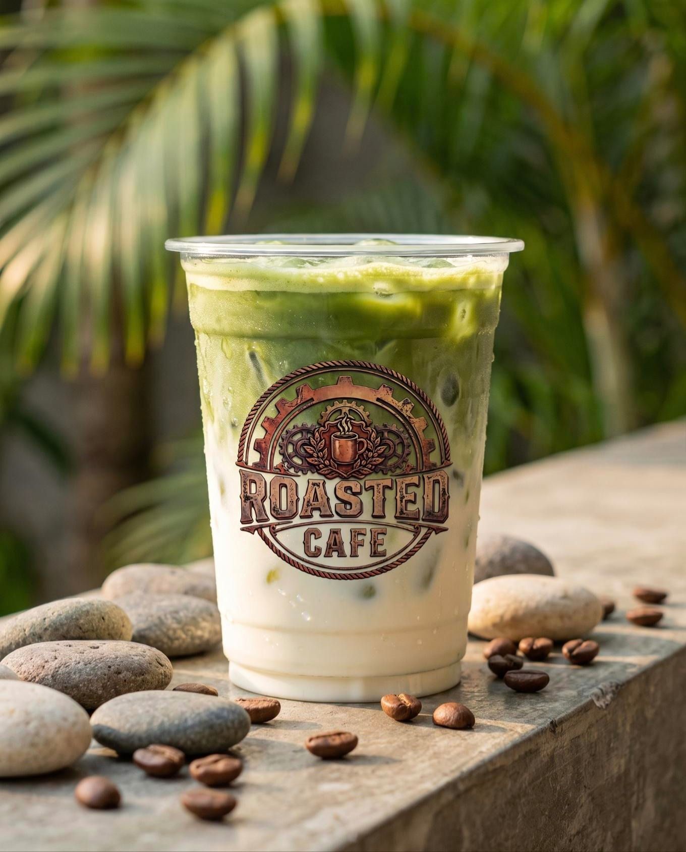 Iced matcha latte in a clear Roasted Cafe takeaway cup, Canggu